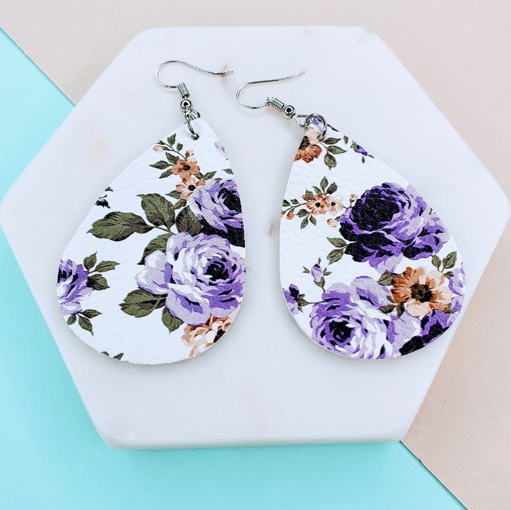 Purple Flower Print Leather Leaf Earrings - Picture 3 of 4